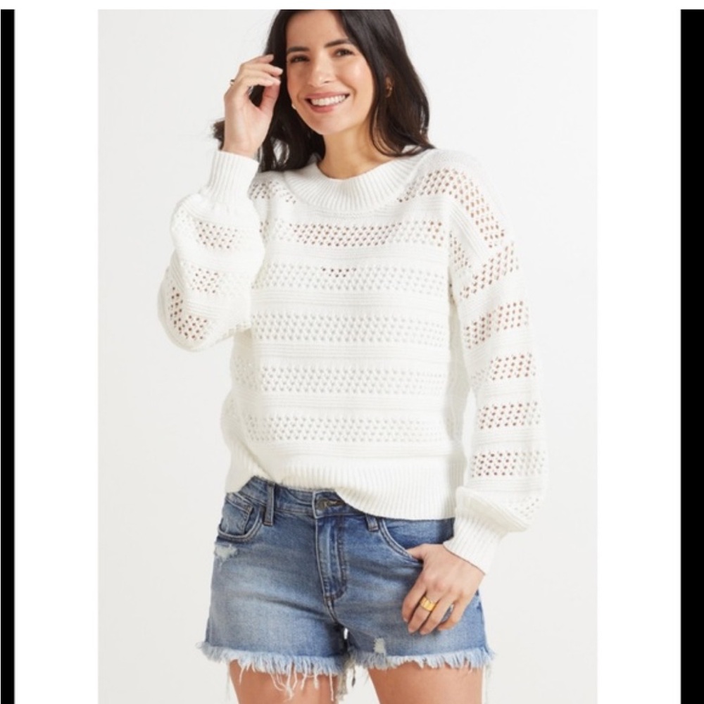 Allison Joy White Knit Balloon Sleeve Pullover Sweater size Medium